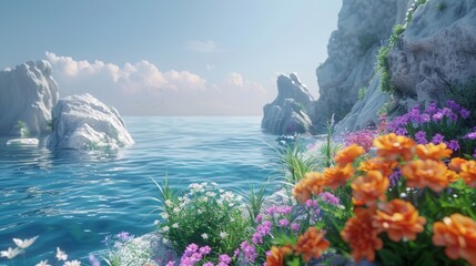 Wall Mural - beautiful landscape with a rocky cliff, a blue ocean, and colorful flowers in the foreground.