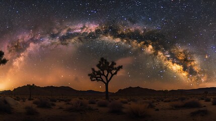 Wall Mural - amazing view of the night sky over the desert. a large joshua tree is in the foreground with a mount