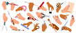 Hands holding writing supplies. Human arms with stationery, scissors, cutters and sharpeners, brush and paint, different finger positions, cartoon flat style isolated tidy vector set
