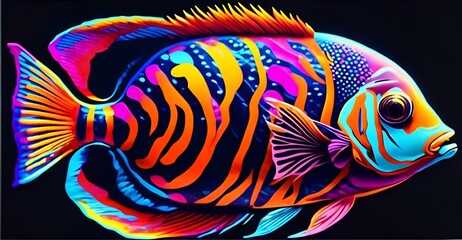 Wall Mural - AI generated illustration of a vibrant orange fish with colorful fins in dim lighting