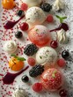 A luxurious dessert layout featuring beautifully dusted spheres and an array of fresh berries on a textured background