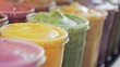 Out-of-focus view of a colorful assortment of smoothie cups lined up