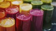 Freshly blended smoothies in various colors presented in glass cups