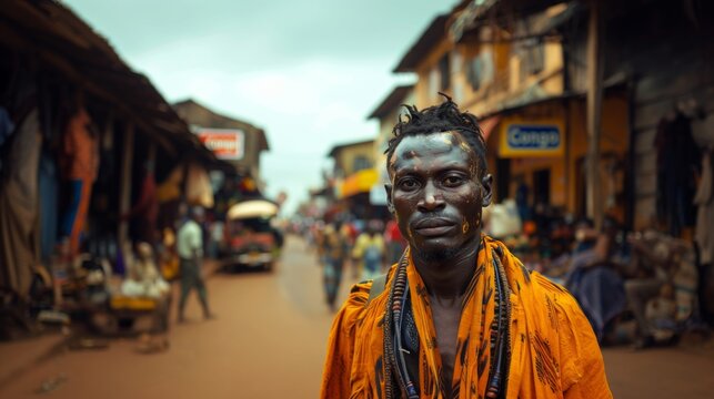 Portrait of a Young Man with Traditional Face Paint in a Busy African Market