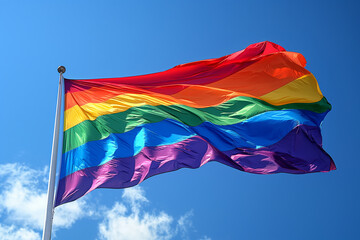 Colorful pride flag waving against a clear blue sky