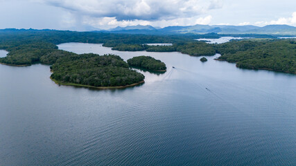 Aerial view of Bukit Batu at Lake Riam Kanan, Banjarbaru, South Kalimantan