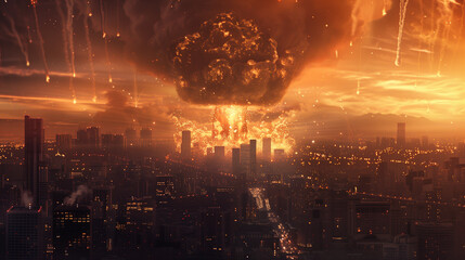 nuclear war bomb explosion  in city with mushroom cloud , apocalypses catastrophic event