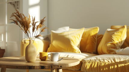 A bright yellow sofa basks in the sun, casting playful shadows on the textured wall in a cozy living space, a wood sideboard in a contemporary living room interior design, Yellow Living Room Interior 