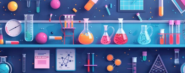 A colorful chemistry lab. There are many beakers, test tubes, and other lab equipment on shelves. The background is a dark blue color.