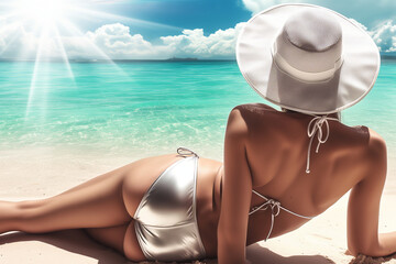 Beautiful Young Woman Relaxing on a Sunny Beach in Silver Bikini and Wide-brimmed Hat: A Perfect Summer Getaway Portrait
