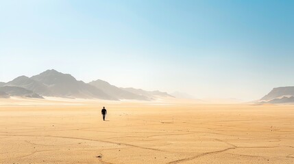 The image shows a lonely man walking in a vast desert. He is wearing a black suit and tie, and he is carrying a briefcase.