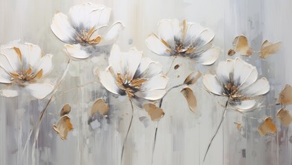 Poster - A painting of three white flowers with gold accents. The flowers are arranged in a row, with the middle one slightly larger than the others. The painting has a serene and calming mood