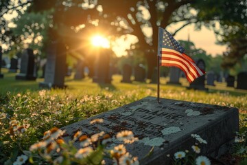 Bandera americana en cementerio. Dia de los caídos. 