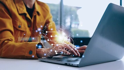 Ai tech, businessman show virtual graphic Global Internet connect Chatbot Chat with AI, Artificial Intelligence. Using command prompt for generates something, Futuristic technology transformation.