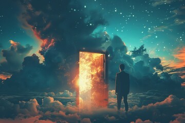 Wall Mural - a man stands in front of a large, glowing, open door in a sky filled with clouds
