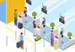 Isometric airport baggage tape and check in service. Passengers registration plane process. People with suitcases waiting, flawless vector scene