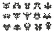 Rorschach inkblot test. Mental health diagnostic materials, black abstract ink blots in various shapes. Psychology, psychiatry neoteric vector tools