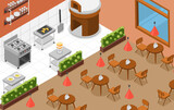 Fototapeta  - Isometric cafeteria. Pizzeria interior with special stove, tables and open kitchen. Restaurant italian cuisine with counter and meals, flawless vector design