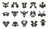 Fototapeta  - Rorschach inkblot test. Mental health diagnostic materials, black abstract ink blots in various shapes. Psychology, psychiatry neoteric vector tools