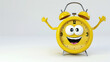 3D cartoon of a playful yellow alarm clock with a happy facial expression, detailed hands, and set against a clean white background.