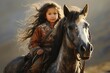 © juliars - Young nomadic girl with flowing hair rides a horse, reflecting the traditional equestrian culture