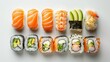High-detail top view of salmon, shrimp, and avocado sushi rolls, arranged on a pristine, isolated background, studio-lit for advertising