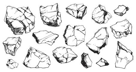 Sticker - Sketch hatching. Broken stone chalk, pieces on rock and mountains. Natural materials, textures vector set