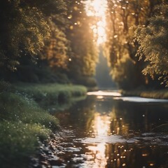 Poster - AI generated illustration of sunlight illuminating trees and river