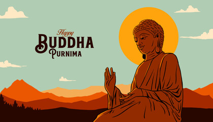 Happy Buddha Purnima calligraphy, Lettering with Buddha meditating vector illustration for social media banner design