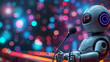 Futuristic Robot Presenter with Microphone Against Blurred Neon Lights Background
