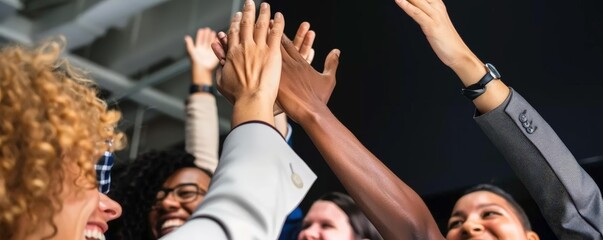 Wall Mural - business team celebrating success with high - fives, featuring a diverse group of individuals with varying hairstyles and glasses