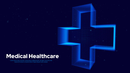 Aufkleber - 3D Blue Digital Wireframe Grid Plus Sign Background. Lines and Dots Aid and Health Care for Hospital Emergency Banner. Medical Symbol of Emergency Help. 3D Math Plus Vector Illustration.