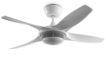 A modern white ceiling fan with three blades and a built-in light fixture isolated on a solid white background.