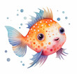 Fish with bubbles isolated on a white background. Goldfish art. Watercolor sea life objects for your design. Summer colorful animal illustration.