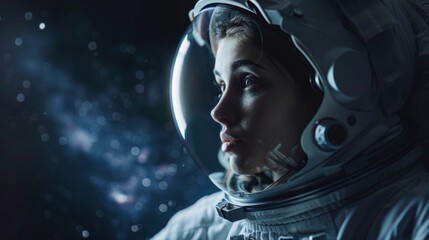 Wall Mural - Beautiful Female Astronaut Walking in Space and Looking Around in Wonder. Space Travel, Extraterrestrial Exploration and Solar System Colonization Concept.