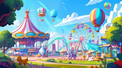 This is a modern cartoon illustration of a carnival funfair with balloons, rides, and a circus tent for summer, with a roller coaster, a carousel, a ferris wheel, and a circus tent for winter.