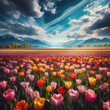 A field of tulips in different colors under a blue sky with Generative AI Techonology.	
