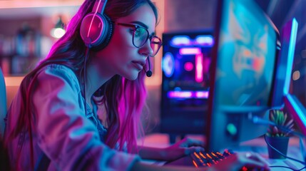 Poster - Pretty girl playing a video game on her computer in a neon room. Online Cyber Games Internet Championship. Beautiful gamer girl wearing glasses and headset.