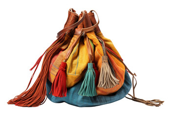 Wall Mural - A colorful purse with a fringe of tassels. The purse is made of leather and has a variety of colors, including red, yellow, and blue