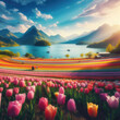 A field of tulips in different colors under a blue sky with Generative AI Techonology.	
