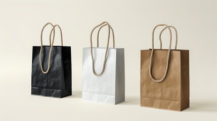 Wall Mural - Mockup of paper shopping bags, brown, white, and black eco-friendly packages with rope handles, packs isolated for branding and corporate identity design, trio of realistic 3D moderns