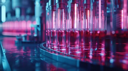 Canvas Print - Close-up of sterile medical test tubes moving along an industrial conveyor. Abstract industrial concept.