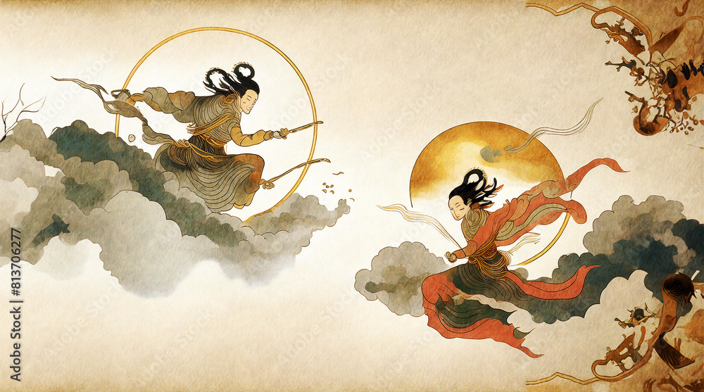 神様と、天使の羽「オリジナルイラスト絵画原画」 日本の昔の