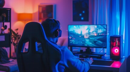 Poster - In this back shot, a gamer plays a first-person shooter online game on his powerful personal computer. The PC has neon lights throughout.