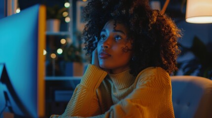 Wall Mural - Stunning Black Girl Uses Computer while Sitting at Her Desk at Home, her face is illuminated with a screen light. In Evening, Creative Woman Works on a Device In Cozy Living Room.