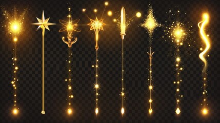 Wall Mural - This gold magic wand is isolated on a transparent background. This is a modern realistic set of magician rods, wizard sticks with golden fairy lights, shiny traces, and lightnings.