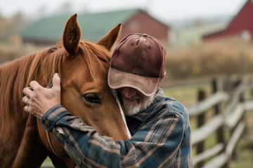 Man in plaid shirt embraces brown horse in scenic landscape. Generative AI