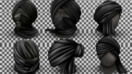 Indian and arab headdresses in black. Modern realistic set of winding headscarves, traditional dress of India, and the pagdi isolated on transparent background.