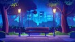 © Mark - A bench in a night park, a summer landscape with a city view in the background, an empty public park for walking, with green trees, trash bins and street lamps in an urban garden style. Illustration