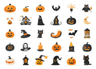 Wall Mural - cartoon halloween icons set. ghosts, pumpkins, cat, bat, candle, grave, and more. isolated vector il